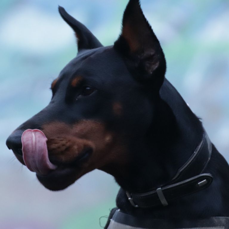 Doberman liking his nose